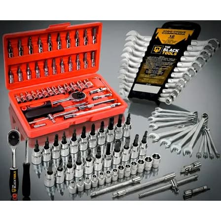 Kit Soquetes Com Catraca 46 Peças + Jogo 12 Chaves + Maleta Vermelho/preto/cromado