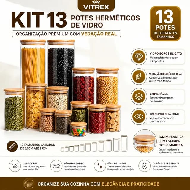 Kit 13 Potes Vidro Mantimentos Herméticos Com Tampa Bambu Alta Resistência 12 Litros Vitrex Transparente