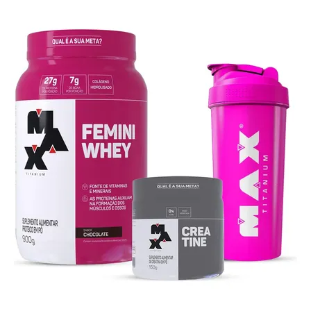 Combo Whey Feminino 900g, Creatina 150g E Coqueteleira Rosa